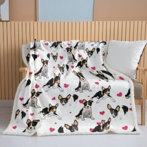 Rat Terrier Throw Blanket, Dog Lover Gift Blanket Reversible Plush Fluffy Red Heart Rescue Dog Sherpa Fleece Bedding For Kids Teens