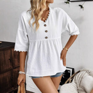 Women's Casual Contrasting Color Lace V-Neck Short-Sleeve Shirt