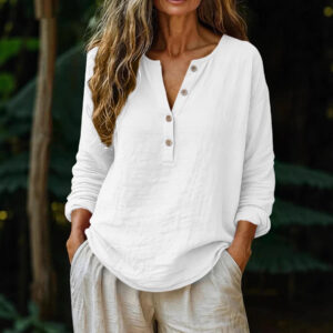 Casual Solid Color Cotton-Linen Long-Sleeve Half-Placket V-Neck