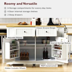 48 Inch Kitchen Island With Drop Leaf,Power Outlet,Internal Storage Rack,Rolling Kitchen Storage Cart On 5 Wheels With 5 Open Side Racks For Kitchen,White Old SKU N707P257057W Not Include Stools