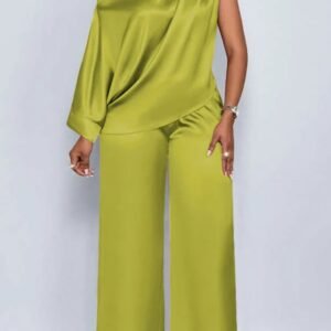 Spot 2026 European And American Cross-border Summer Casual Women's Satin Suit Slanted Collar Short-sleeved Top Trousers Set