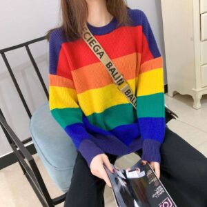 Rainbow Sweater Women's Loose-Fit Outerwear Korean Style