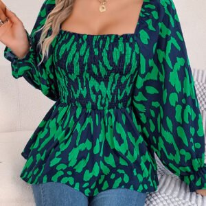Women's Casual Ruffle Trim Square Neck Leopard Print Long Sleeve Chiffon Top