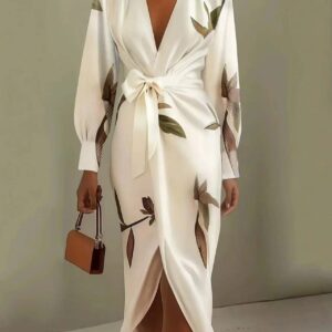 V-neck Long-sleeve Lace-up Printed Maxi Dress