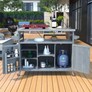 K&K Outdoor Kitchen Island, Rolling Bar Cart & Storage Cabinet, Farmhouse Solid Wood Outdoor Grill Table With Stainless Steel Top, Spice Rack , Towel Rack For Kitchen & BBQ , Grey Blue