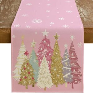 Christmas Table Runner 13×72 Inch, Xmas Trees Snowflakes Holiday Decorative Farmhouse Table Decoration For Kitchen Dinning, Indoor Outdoor Dinner Party Decor