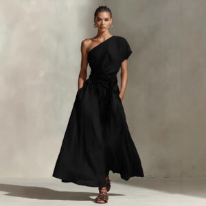 Womens Long One-Shoulder Dress With Neckline And Waist Tie