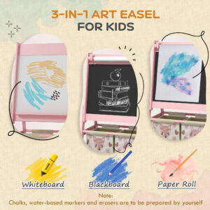 Art Easel for Kids with Paper Roll, Blackboard, Whiteboard, Storage, Pink
