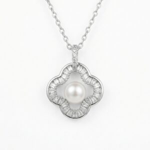 925 Sterling Silver Elegant Quatrefoil Pearl and Baguette Diamond Halo Pendant Necklace