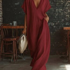 European And American Style Casual Elegant Comfortable Lace-trimmed Loose Linen Cotton Long Dress