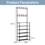 New Coat And Hat Stand 8 Hooks Metal Shoe Rack 5 Tiers Shelf Hanger Black