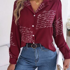 Women's Casual Versatile Letter Print Notched Lapel Long Sleeve Shirt