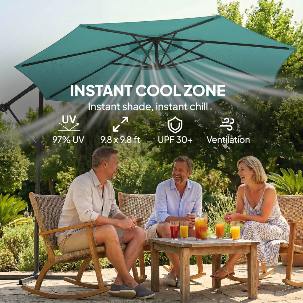10 ft Offset Patio Umbrella with Cover, Hanging Cantilever Umbrella with 360° Rotation, Crank Handle, Tilt, Sky Blue