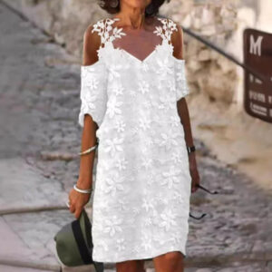 Womens V-Neck Lace Slip Dress With Patchwork Embroidery