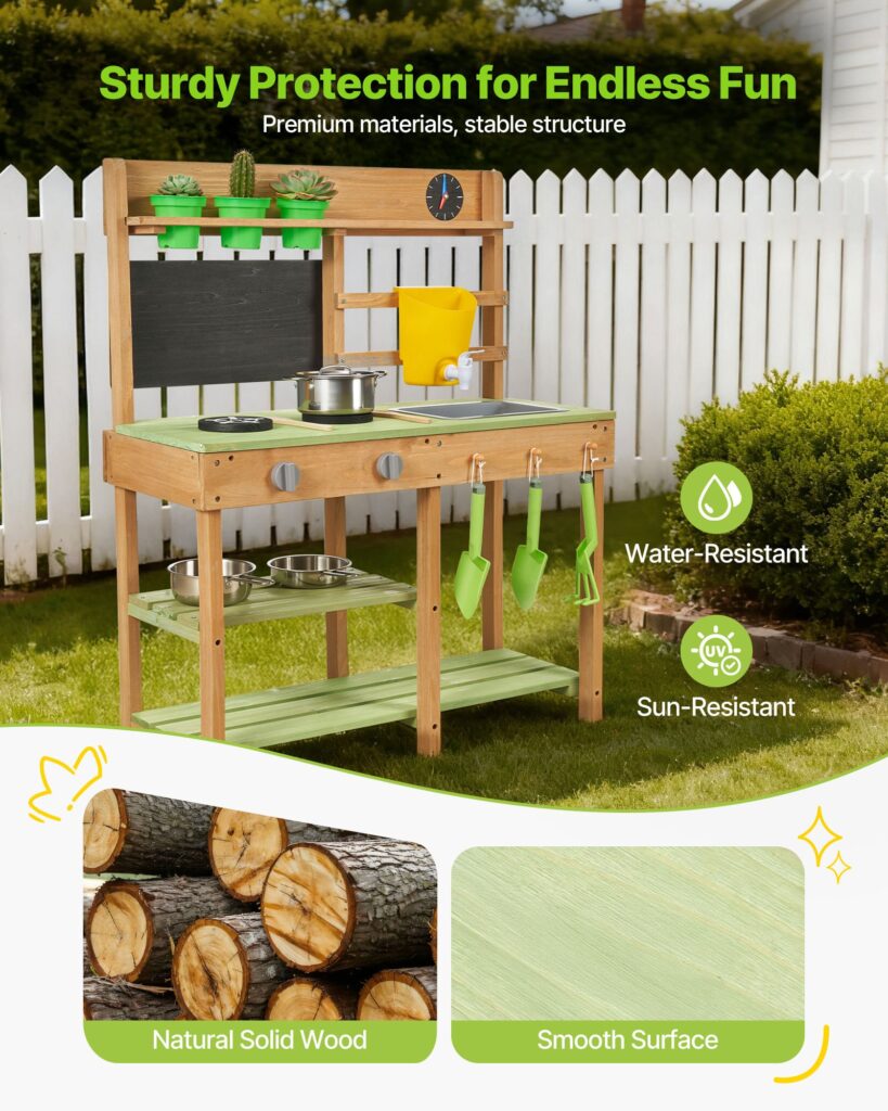 Mud Kitchen, Outdoor Mud Kitchen For Kids, Wood Outdoor Play Kitchens With Stoves, Tank, Sink, Planting Shovels, Spatulas, Box, Cookware Pots And Accessories, Wooden Play Kitchens For Home, Lawn