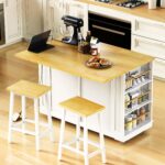 48 Inch Kitchen Island With Drop Leaf,Power Outlet,Internal Storage Rack,Rolling Kitchen Storage Cart On 5 Wheels With 5 Open Side Racks For Kitchen,White Old SKU N707P257057W Not Include Stools