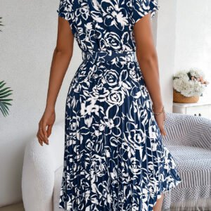 Women's Elegant Floral Print Short Sleeve Flowy Pleated Dress