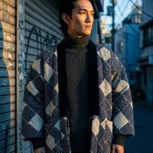 Men's Haori Style Autumn Winter Quilted Jacket Japanese Kimono Coat, Striped Loungewear, Indoor Wear. Lightweight Thermal Japanese Style Cotton Coat