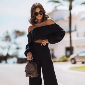 Short-sleeve Off-shoulder Top And Straight-leg Trousers Set
