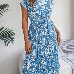 Women's Elegant Floral Print Short Sleeve Flowy Pleated Dress