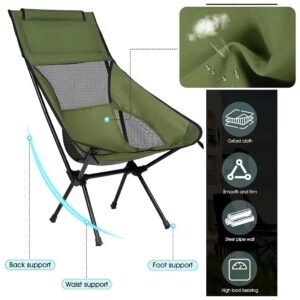 Folding High Back Camping Chair With Head Support Stable Portable Lightweight UK