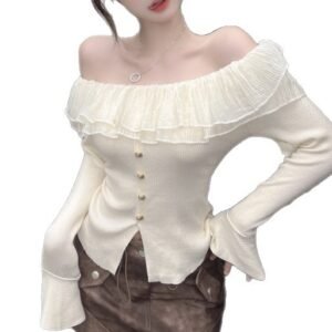 Off-shoulder Knit Slimming Long-sleeve Top
