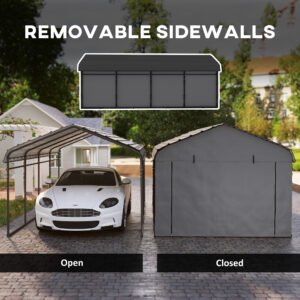 12' x 20' Metal Carport, Heavy Duty Garage Car Canopy with Galvanized Metal Roof and Removable Sidewalls, Dark Gray