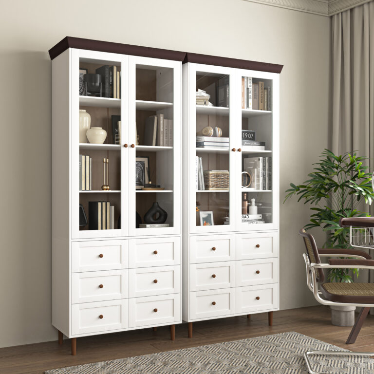White MDF Display Storage Cabinet,Tall Kitchen Pantry Cabinets With Glass Doors And Adjustable Shelves,Freestanding Storage Cupboard For Kitchen, Living Room