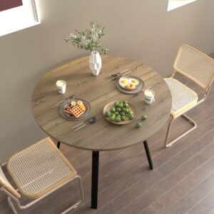 35.43 Inch Round Dining Table, Small Circle Kitchen Table With Metal Black Legs For 2-4 People,Modern Dining Room Table, Brown Only Table