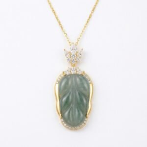 925 Sterling Silver Elegant Leaf-Shaped Green Jadeite Pendant Necklace with Sparkling Gemstone Accents