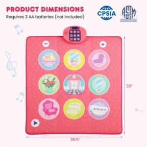 Pink Kids Dance Mat (3+ Ages), 5 Difficulty Levels & 9 Demo Songs, Non-Slip Safe Design