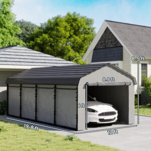 12' x 20' Metal Carport, Heavy Duty Garage Car Canopy with Galvanized Metal Roof and Removable Sidewalls, Dark Gray