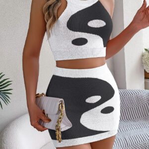 Women Color Block Cropped Top & Bodycon Skirt Knit Set