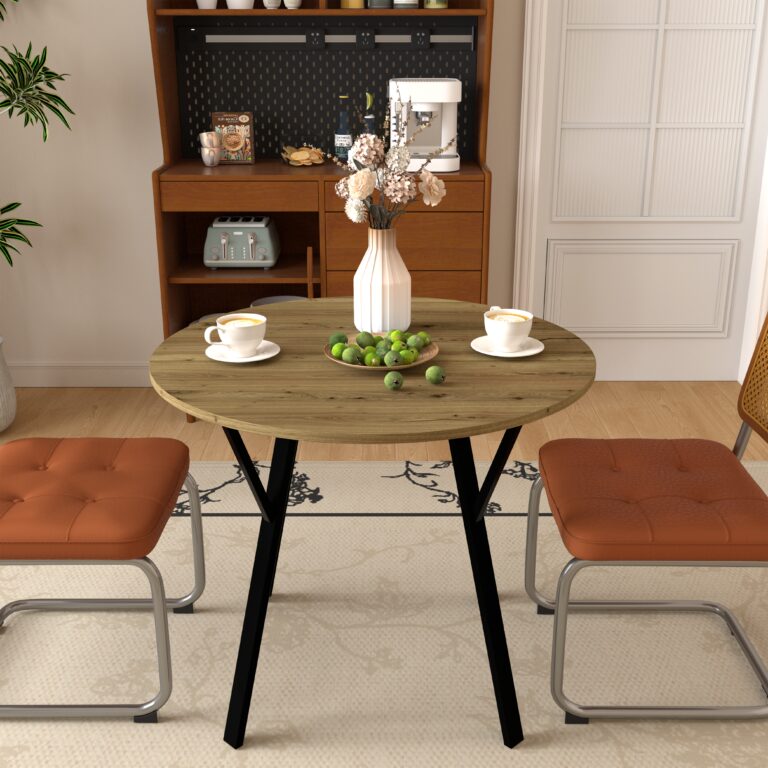 35.43 Inch Round Dining Table, Small Circle Kitchen Table With Metal Black Legs For 2-4 People,Modern Dining Room Table, Brown Only Table