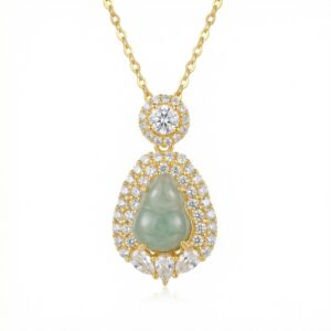 925 Sterling Silver Exquisite Green Jadeite Gourd Pendant Necklace with Shimmering Stone Embellishments