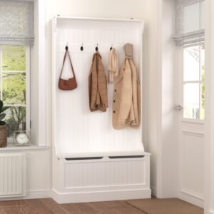Entryway Bench With Standing Coat Rack, Hall Tree With Shoe Storage Bench, Entryway Organizer With 5 Hooks, White