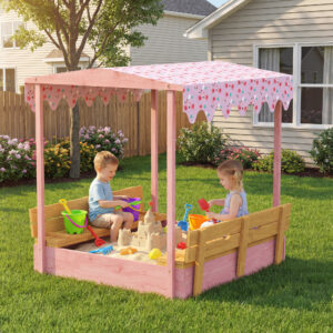 Wooden Sandbox with Cover, Kids Sandbox Outdoor with Seat, Bottom Liner, Canopy for Ages 3-6, Flamingos Print, Pink