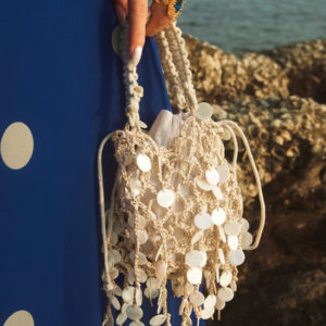 French-style Retro Sequined Woven Tassel Cotton-Linen Shell-shaped Hollow Elegant Clutch Bag