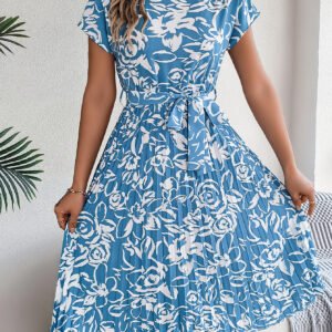 Women's Elegant Floral Print Short Sleeve Flowy Pleated Dress