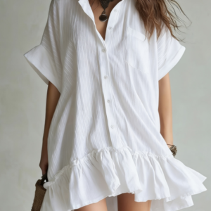 Collared Loose Short-Sleeved Ruffled Shirt Dress