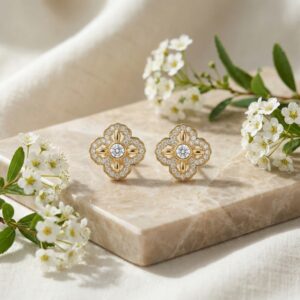 925 Sterling Silver Elegant Quatrefoil Diamond Stud Earrings with Vintage-Inspired Scalloped Edges