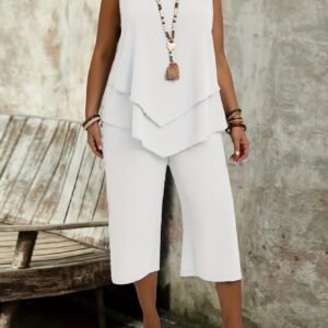 Casual Solid-Colored Sleeveless Top And Cropped Pants Two-Piece Set
