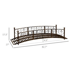 7' Metal Arch Garden Bridge Arc Footbridge with Side Railings Decorative Scrollwork, Bronze