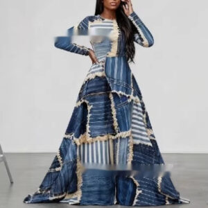 Womens 3D Digital Print Crew Neck Long Sleeve Pocketed Dress Plus Size Maxi Dress