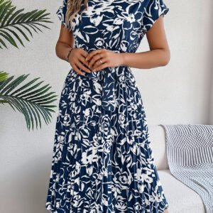 Women's Elegant Floral Print Short Sleeve Flowy Pleated Dress