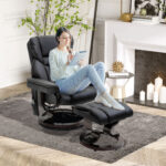 Massage Recliner Chair with Ottoman Footrest, 10 Vibration Points, 360° Swivel Reclining Chair, Faux Leather Living Room Chair with Side Pocket and Remote Control, Black