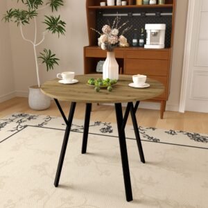 35.43 Inch Round Dining Table, Small Circle Kitchen Table With Metal Black Legs For 2-4 People,Modern Dining Room Table, Brown Only Table