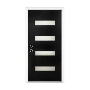 36 X 80 Fiberglass Entry Door With Brickmould, Frosted Glass - Contemporary Style For Home's Front Entrance, Right Hand Inswing, Black Finished Knock-Down Fiberglass Door With 4-9-16 White Vinyl Frame