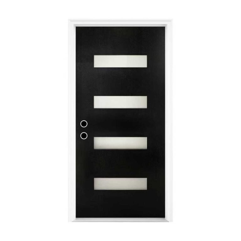 36 X 80 Fiberglass Entry Door With Brickmould, Frosted Glass – Contemporary Style For Home’s Front Entrance, Right Hand Inswing, Black Finished Knock-Down Fiberglass Door With 4-9-16 White Vinyl Frame