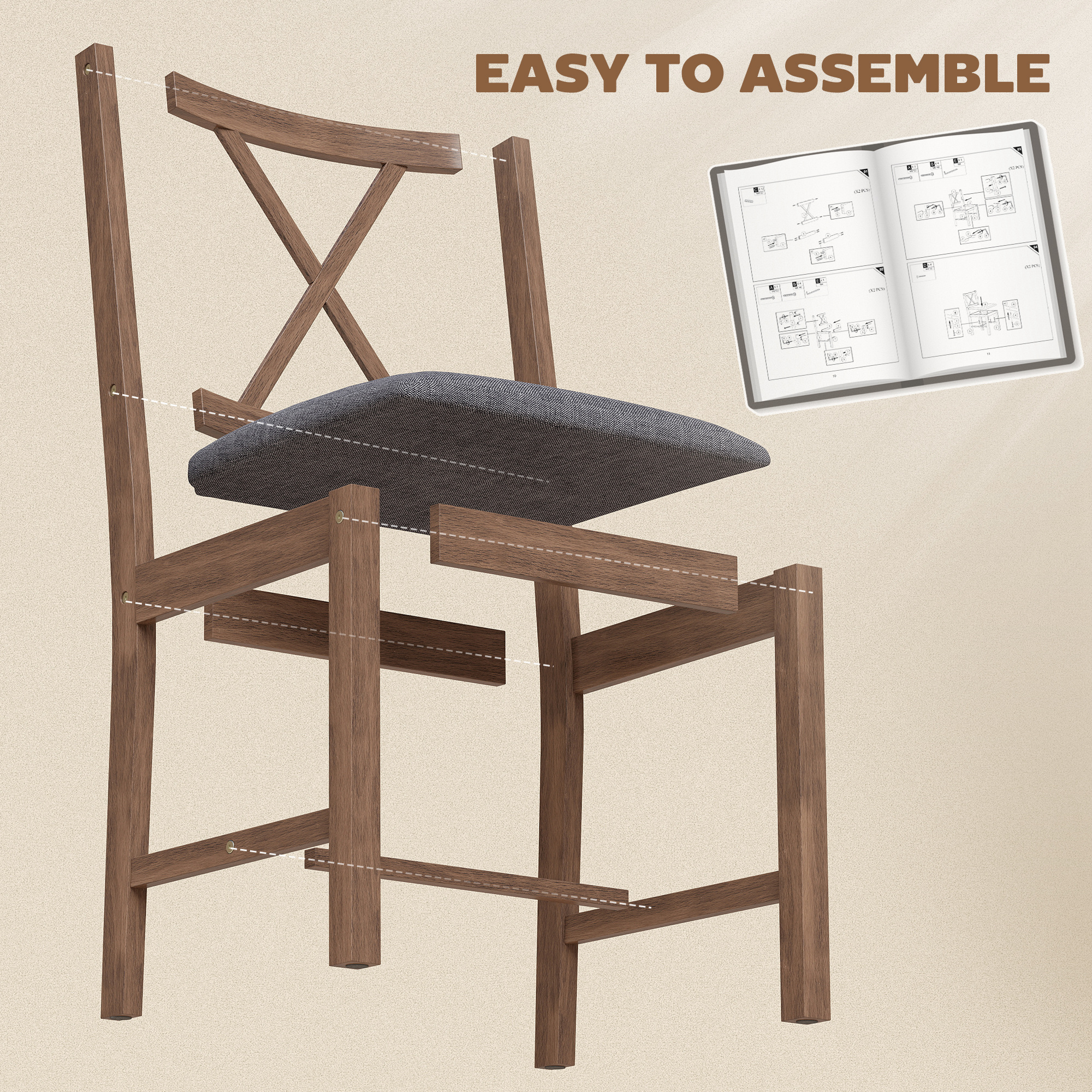 Set of 4 Dining Chairs, Upholstered X-Back Dining Room Chairs with Rubberwood Legs and Padded Seat for Kitchen, Gray